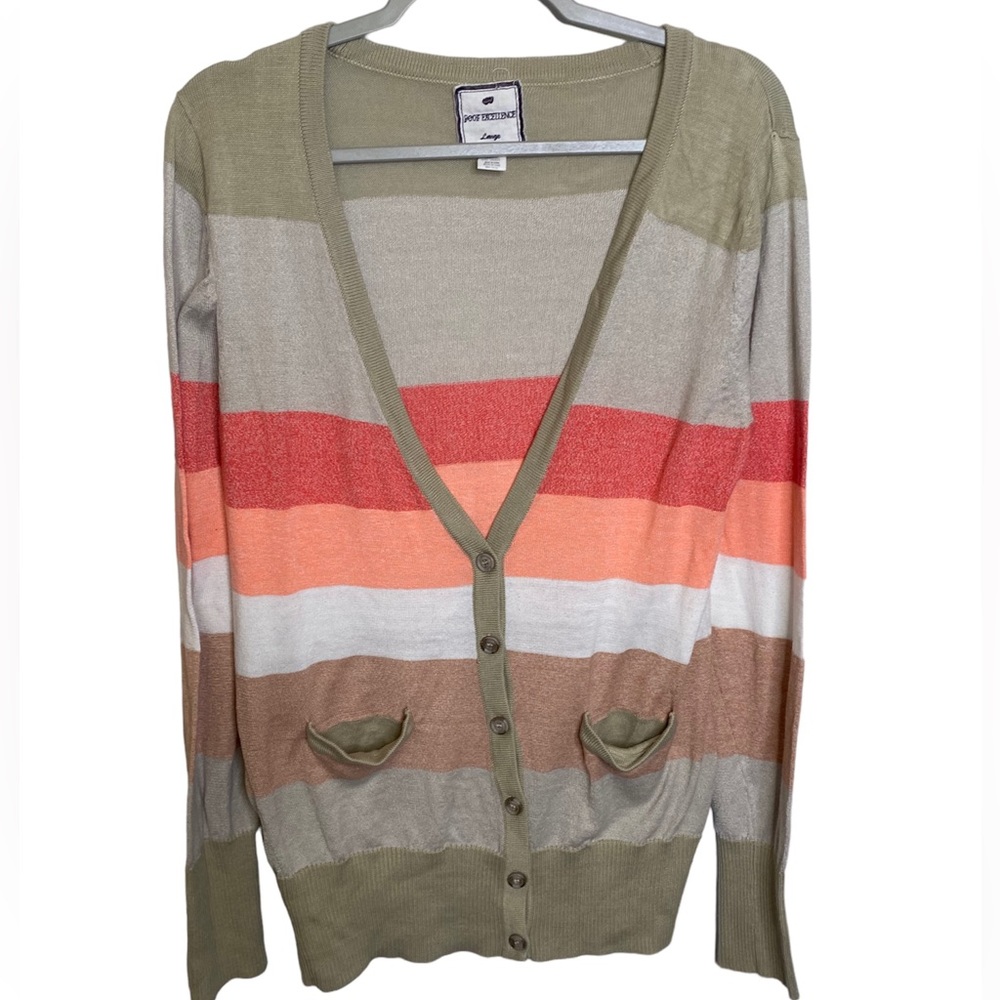 PROOF EXCELLENCE Pink Tan and White Striped Button Up Cardigan Size Large